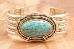 Artie Yellowhorse Genuine Kingman Spider Web Turquoise Sterling Silver Bracelet